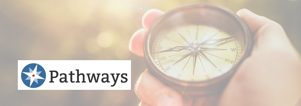 Pathways logo overlaying an image of a hand holding a compass